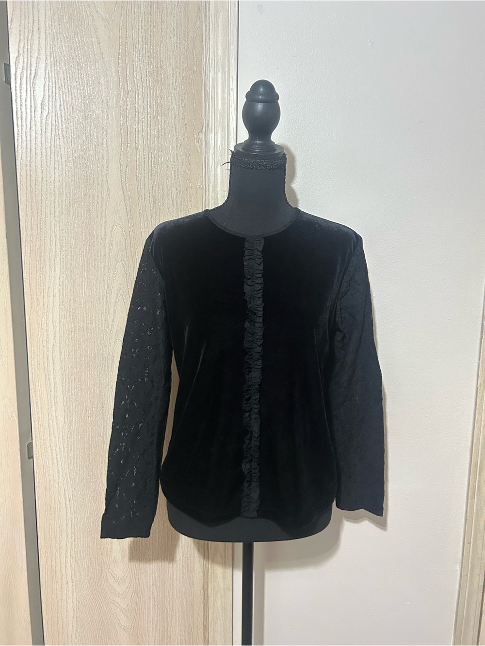Requirements Black Velvet Long Sleeve Blouse with Lace Sleeves